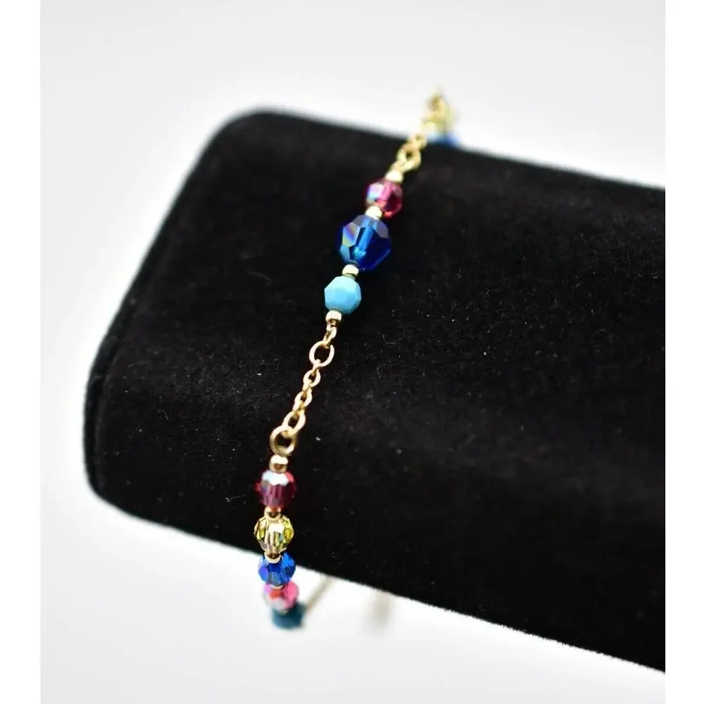 Swarovski Crystal Beaded Bracelet AB Blue Pink Gold Tone Chain Swan Signed Bin7